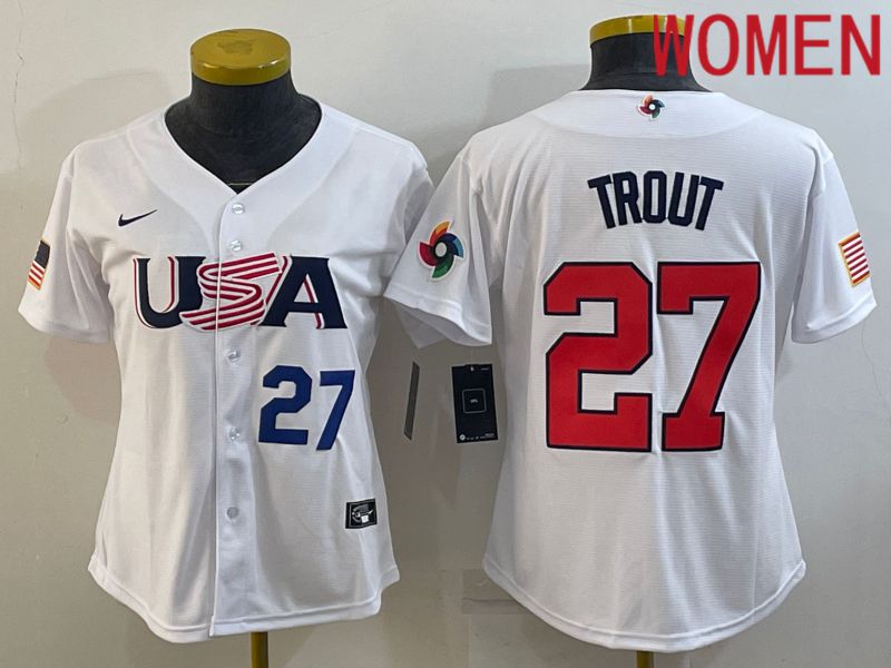 Women 2023 World Cub USA #27 Trout White Nike MLB Jersey4->women mlb jersey->Women Jersey